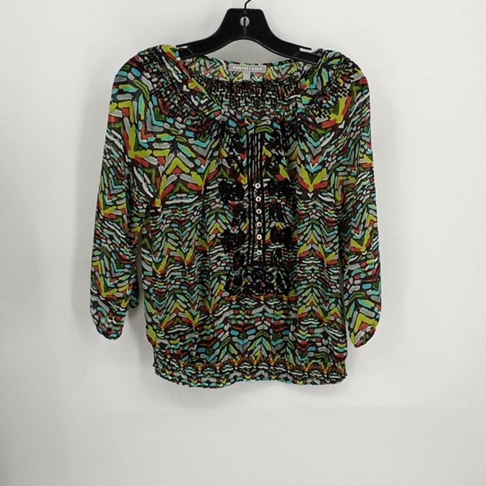 Daniel Rainn Women's Green & Orange Print Sheer Long Sleeve Top blouse Size M P